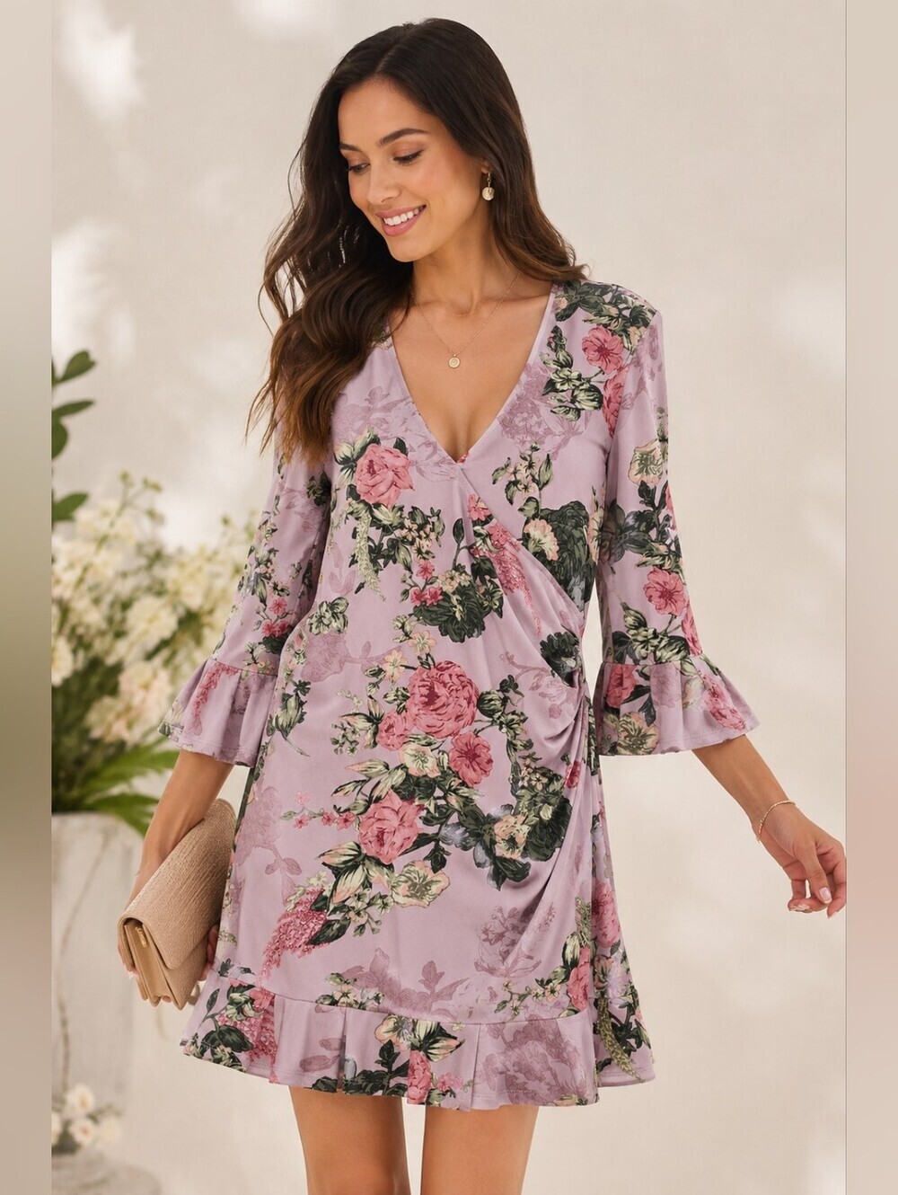 Bcbgeneration Floral Faux Wrap Ruffle Dress | Garden Party Cocktail Style
